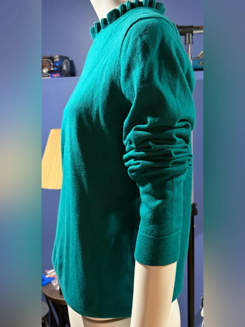 Women’s J. Crew Teal Ruffle-Trim Crewneck Long Sleeve Sweater Size M